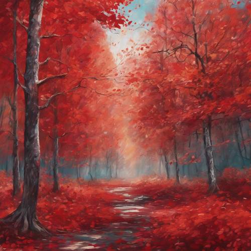 Peinture impressionniste représentant une forêt rouge, feuilles tourbillonnant dans le vent