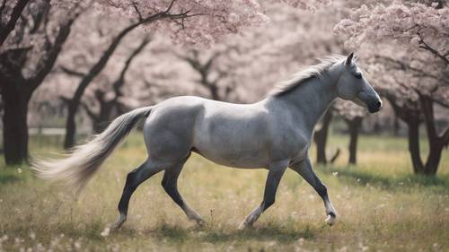 Элегантная серая лошадь бегает свободно и дико по живописному лугу весной, вокруг которого кружатся цветы вишни.