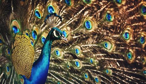 Seekor burung merak yang flamboyan menyebarkan bulu ekornya yang berwarna-warni dengan tampilan warna yang mewah.