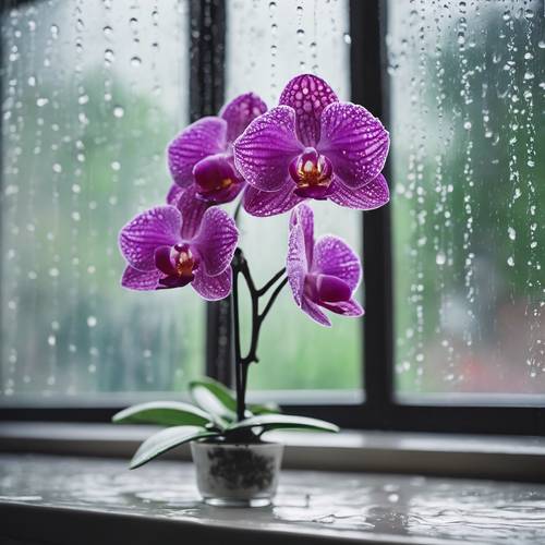 Eine zarte Orchidee im adretten Stil vor einem hellen Fenster an einem regnerischen Tag, mit sichtbaren Regentropfen auf dem Glas.