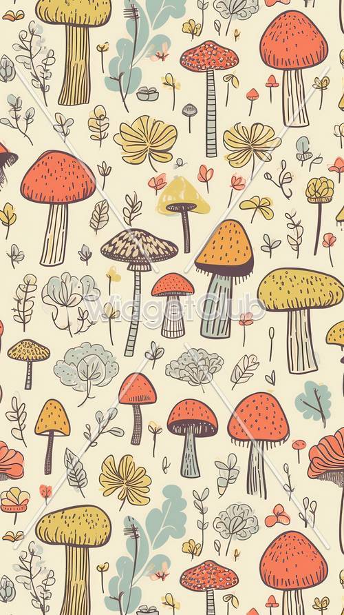Colorful Mushrooms and Plants Pattern Tapet [1d3286c280aa4c7f9cbc]