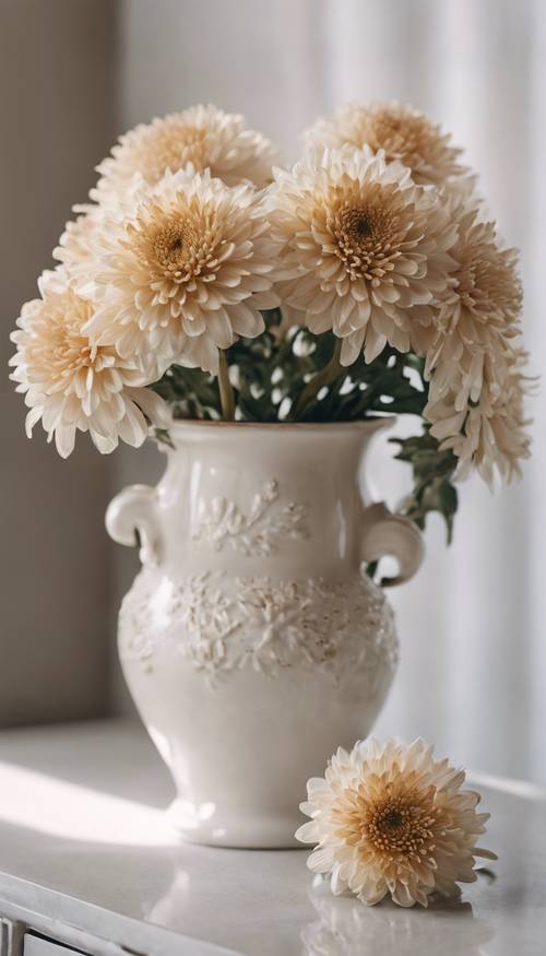 A group of tan chrysanthemums in a white, vintage ceramic pot.