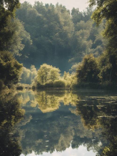 Danau yang tenang dengan air yang tenang mencerminkan &#39;Pikiran yang tenang membawa kekuatan batin&#39;.