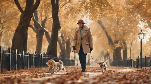 A preppy monkey walking its dog in an autumn park, leaves falling around them.