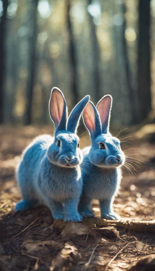 Dois coelhos azuis com olhos azuis brilhantes, pulando em uma floresta ensolarada.