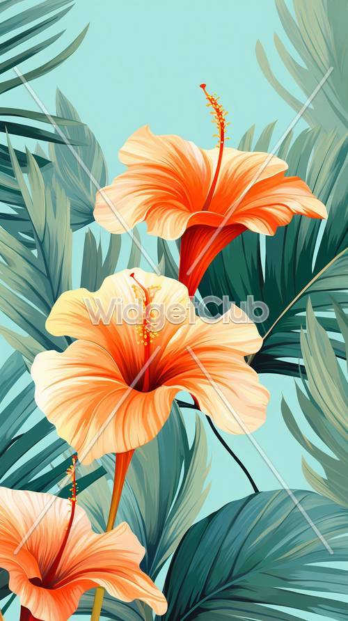 Tropical Hibiscus Flowers on Blue Background