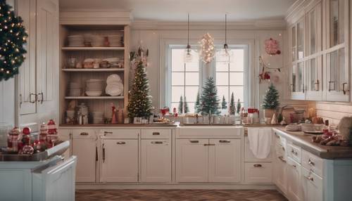 Una cocina estilo shaker, decorada en estilo preppy para la cena de Navidad.