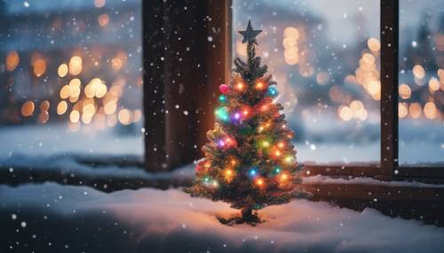 A brightly lit Christmas tree standing by the window, reflecting colorful lights on a snow-covered ground outside.