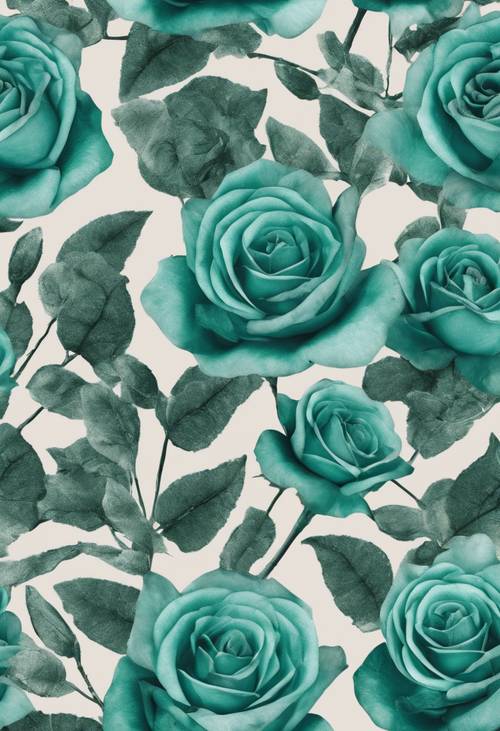 A seamless pattern of teal velvet roses with green velvet leaves.