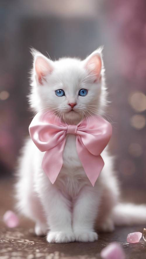 Un gatito blanco esponjoso con ojos de cuarzo rosa y un lazo rosa.