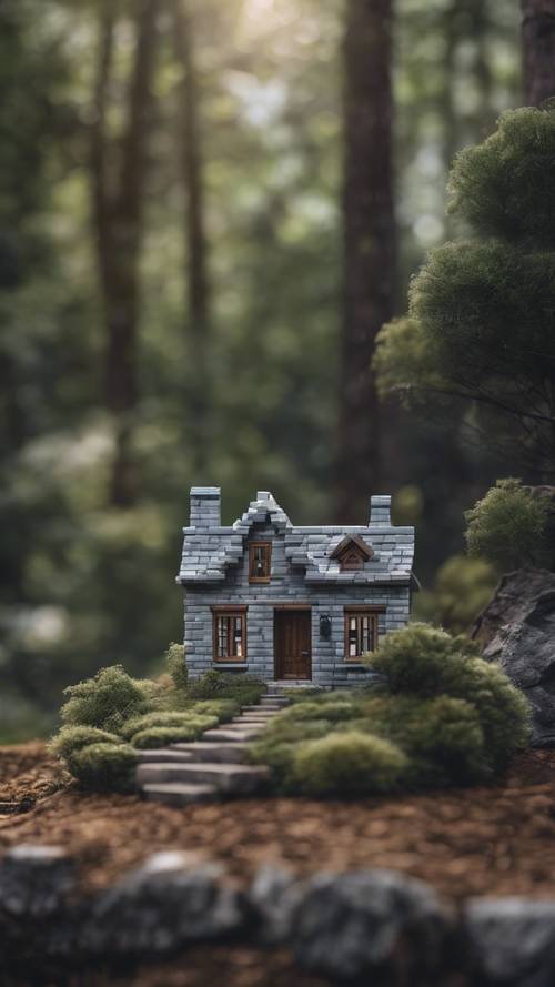 Uma pequena cabana construída com tijolos cinzentos situada no meio de uma floresta.