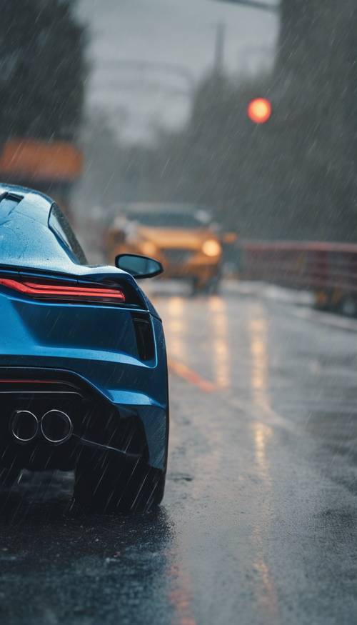 An expensive blue metallic sports car moving on a rainy highway Tapeta [2710d1d661804f6a8d19]