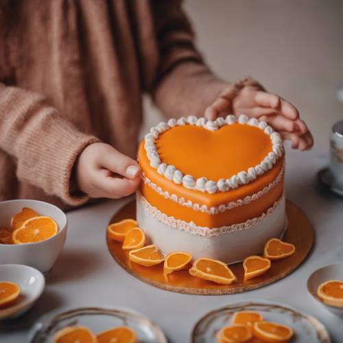 孩子的手捧着一个精心设计的橙色心形蛋糕。