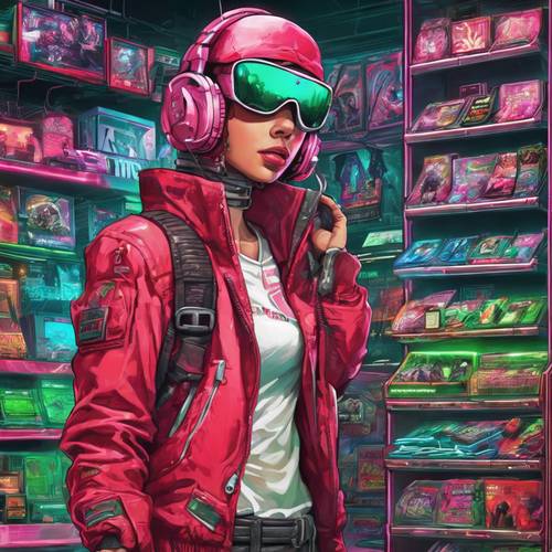 Okładka gry wideo z motywem czerwono-zielonym, tętniąca życiem na półkach sklepu z grami, przyciągająca zaintrygowanych przechodniów.