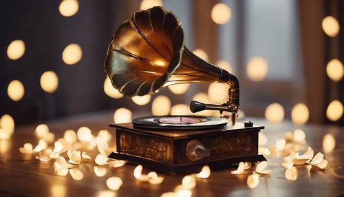 Une belle cascade de notes de musique éclatantes provenant d’un gramophone vintage situé dans une pièce confortable.