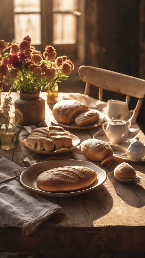 Un tavolo rustico in legno apparecchiato con porcellane antiche, pane fatto in casa e fiori freschi, illuminato dalla calda luce della prima serata.