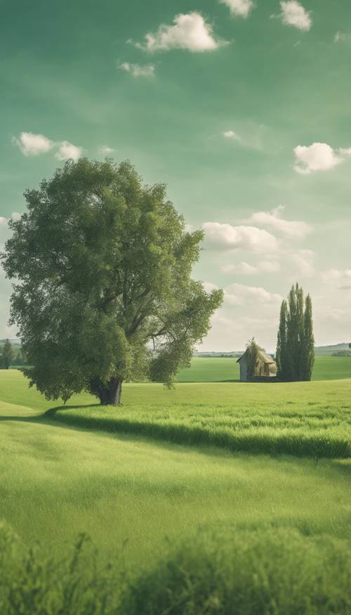 A serene rural landscape under a bright sky, basked in a calming sage green aura.
