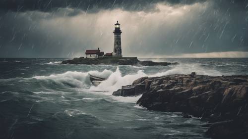 Una vista tranquilla e panoramica di un faro che guida le barche verso casa durante la tempesta, una citazione incoraggiante incisa sul faro.