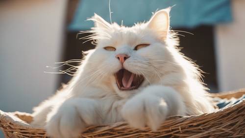 Eine spontane Momentaufnahme einer langhaarigen weißen Katze, die es sich an einem Sonntagnachmittag auf sonnengetrockneter Wäsche gemütlich macht und träge gähnt.