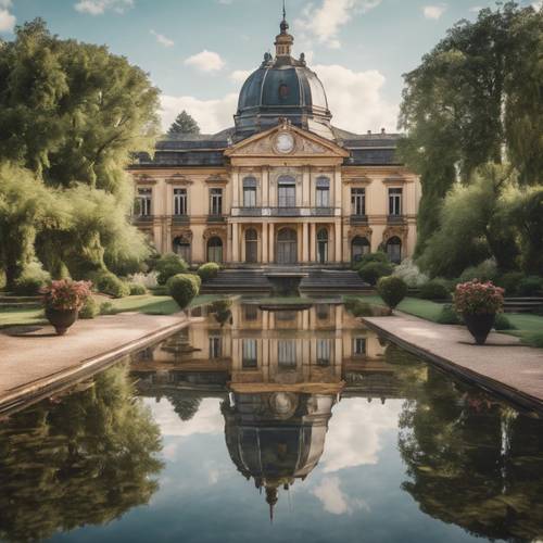 Un vieux palais baroque surplombant un étang de jardin tranquille.