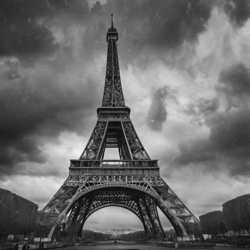 La Tour Eiffel avec un ciel sombre et orageux au-dessus. Tout est représenté en noir et blanc détaillé.