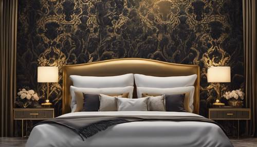 Headboard kain damask berwarna gelap dalam suasana kamar tidur mewah dengan aksen warna emas. Wallpaper [5c404a1c78374ed69612]