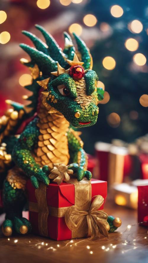 Un dragón navideño, con luces parpadeantes entretejidas entre sus escamas, que ayuda a Papá Noel a entregar regalos.