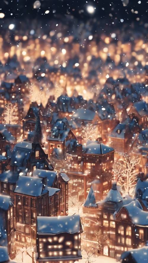An anime style Christmas-themed cityscape at night lit up with thousands of Christmas lights reflecting in the snow.