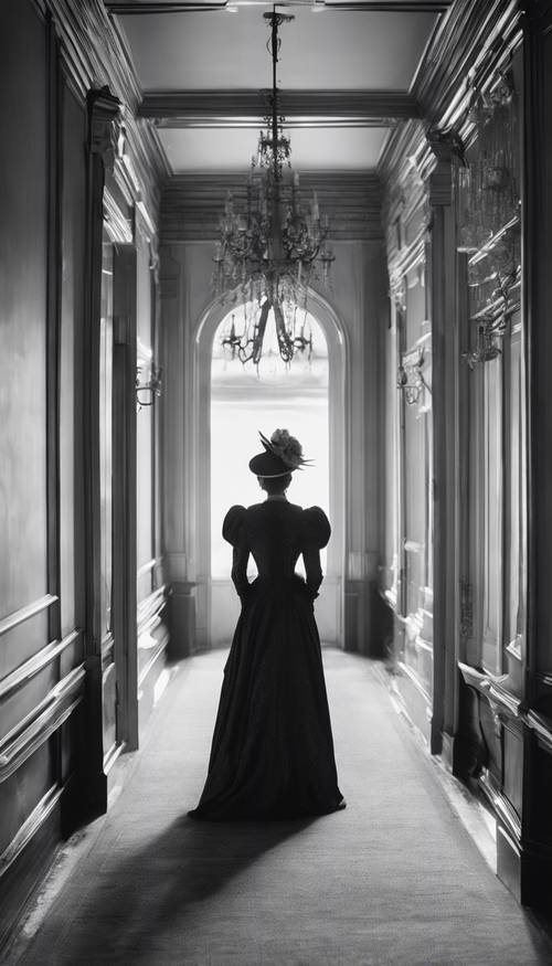 A black and white image of a mysterious woman in Victorian attire standing at the end of a long corridor.