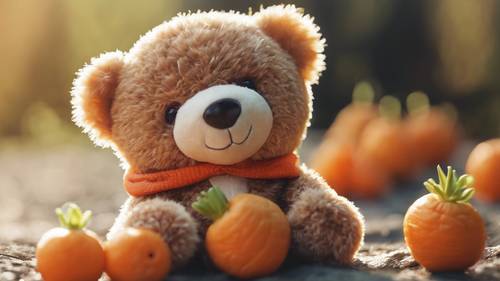 一只可爱的卡哇伊泰迪熊手里抓着一根鲜橙色的胡萝卜。