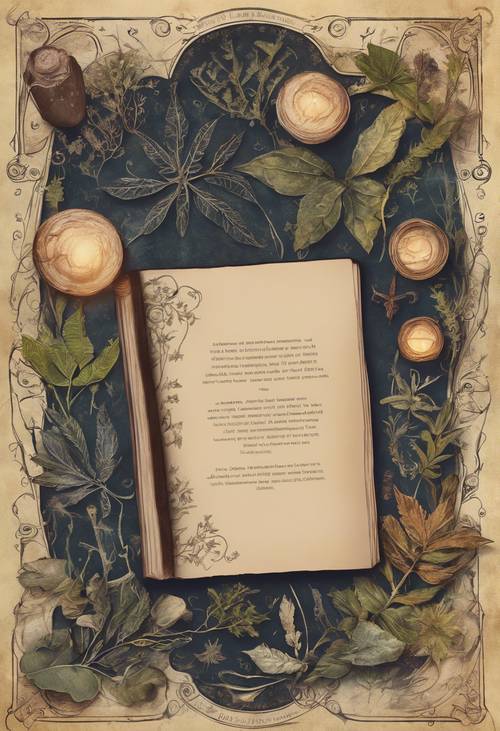 Una ilustración de estilo vintage de un Libro de las Sombras que presenta una variedad de plantas mágicas utilizadas en brujería.