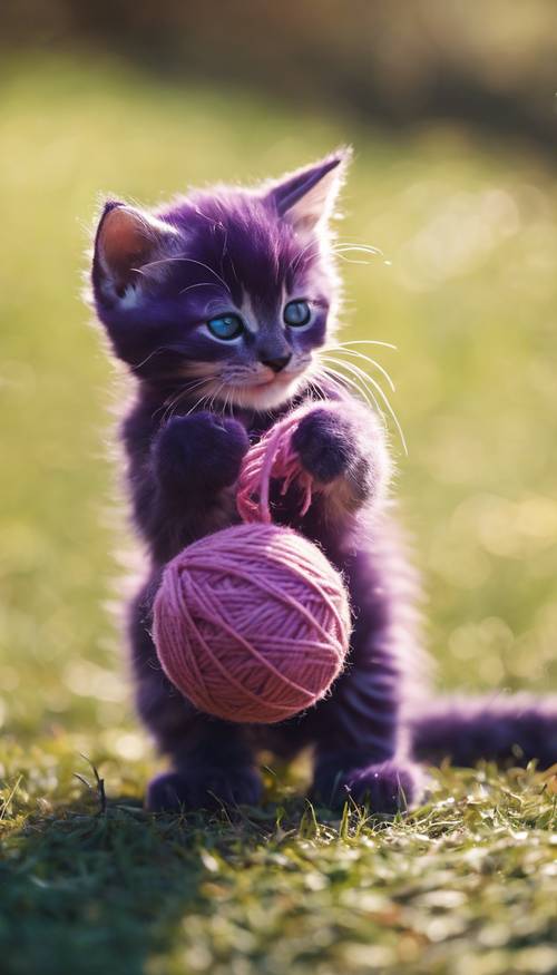 An adorable dark purple kitten playing with a ball of yarn on a bright sunny morning
