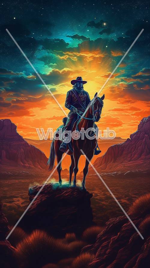 Scena kowboja o zachodzie słońca