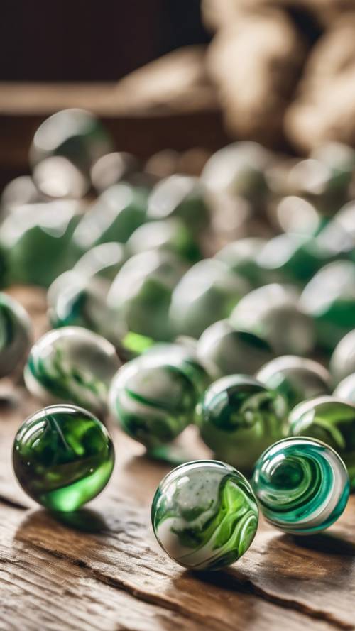 Ahşap bir masaya dağılmış beyaz ve yeşil mermerlerden oluşan bir koleksiyon