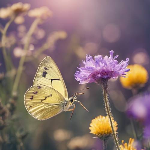 A pastel yellow butterfly landing on a vibrant purple flower. Tapet [5d990fdacdc7441dbe2f]
