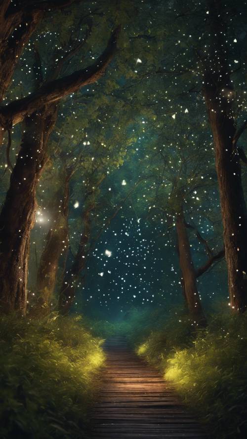 An ethereal forest path, lit by fireflies under a starlit sky.