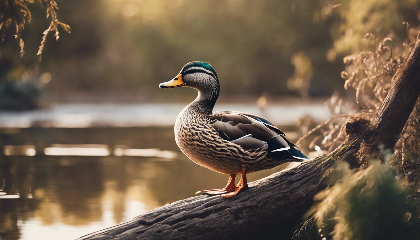 A sketch of a duck sitting peacefully on a log in a pond. Tapeta[1b2dd45e0ea44cd58951]