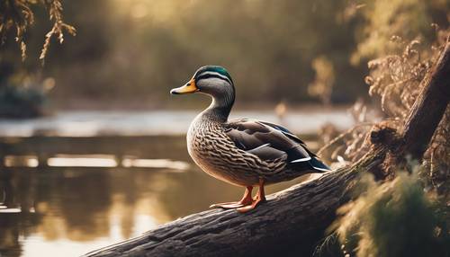 A sketch of a duck sitting peacefully on a log in a pond.