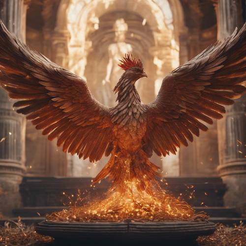 An awe-inspiring image of a phoenix in its final moments before succumbing to a cycle of renewed regeneration upon an ancient altar.