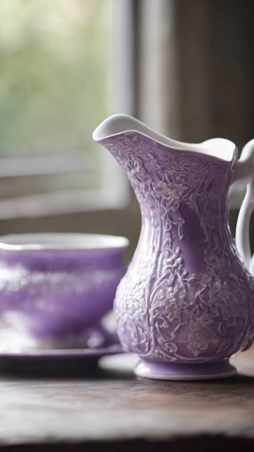 复古的紫白瓷器和奶油罐套装，带有精致的浮雕。