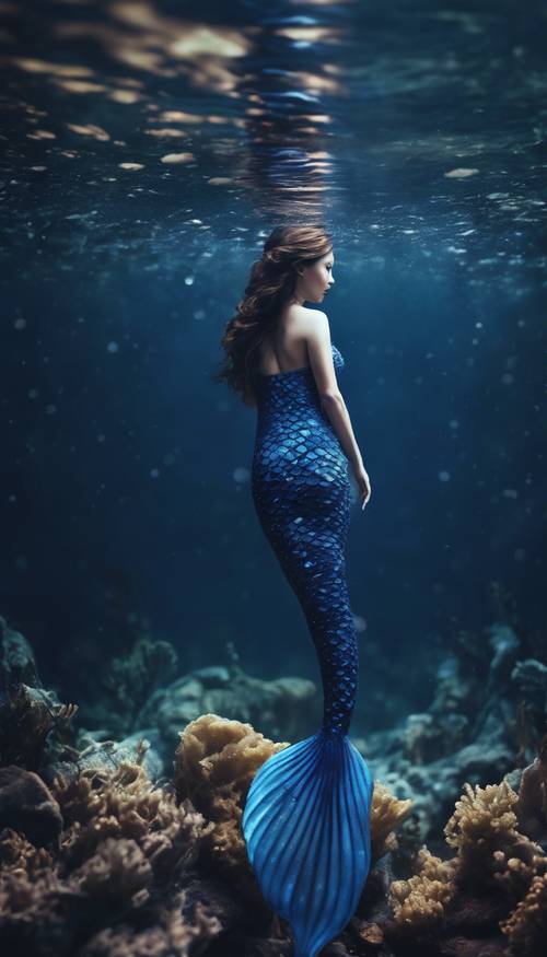 A dark blue mermaid tail disappearing into a deep sea