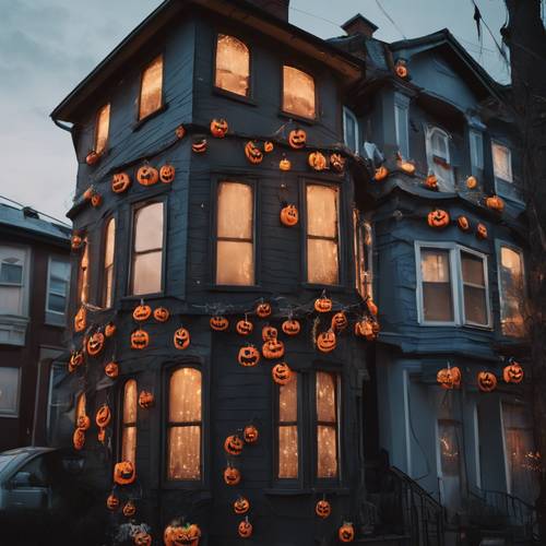 Uma rua repleta de casas festivamente decoradas para o Halloween, com janelas brilhando calorosamente no escuro.