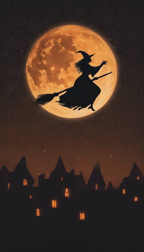 Cadılar Bayramı&#39;nda turuncu dolunay üzerinde uçan bir cadının ürkütücü sahnesi