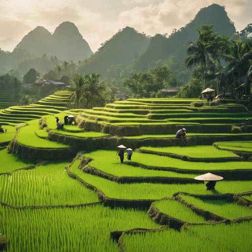 Soczyste pole ryżowe na wietnamskiej wsi, z rolnikami noszącymi non la (słomkowe kapelusze), otoczone gęstą dżunglą i górami krasowymi. Tapeta [9ce169e921594bcda29f]