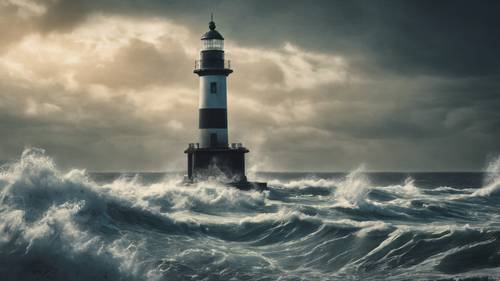 A rough sea, with a lighthouse glowing in the dark, engraved with the message 'Success is not final, failure is not fatal: It is the courage to continue that counts.'.