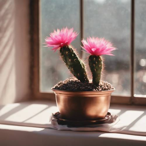 Un elegante cactus rosa in un vaso di bronzo antico seduto accanto a una vetrata.