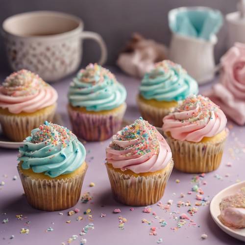Freshly baked cupcakes with striped pastel-colored frosting, decorated with sprinkles. Tapeta [37b3d02e93184a0d9634]