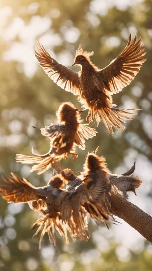 A group of young phoenix birds engaged in playful mid-air antics under a tender, afternoon sun.