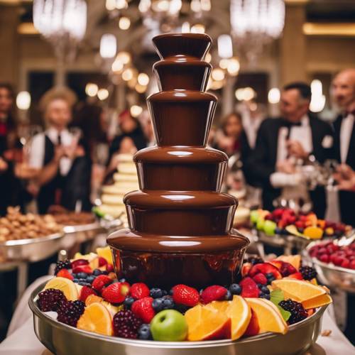 An overflowing chocolate fountain at an extravagant party with an array of fruits ready to be dipped.