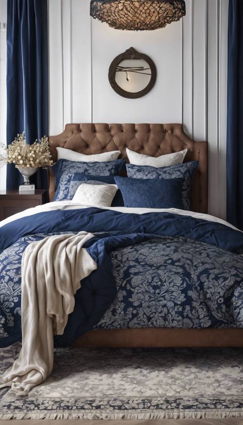 Tempat tidur damask biru tua yang elegan diatur di kamar tidur yang nyaman.